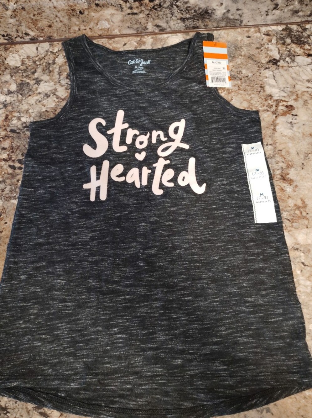 Nwt 7/8 Cat & Jack Black Heather Tank with Pink 'Strong Hearted' Script Nwt